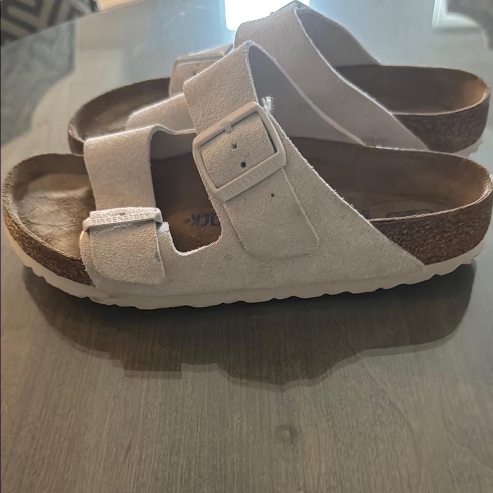 Birkenstock Ecru Arizona Suede and Leather Sandals - Picture 2 of 5